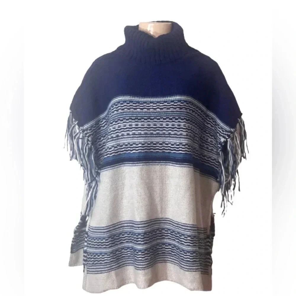 Apt 9 sweater tunic poncho turtle‎ neck fringe sleeves with fringe   gray & blue